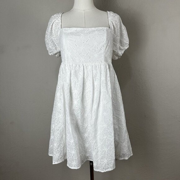 Lulus Mini Fit to Frolic White Eyelet Lace Puff Sleeve Babydoll Dress Size Large - Picture 1 of 12
